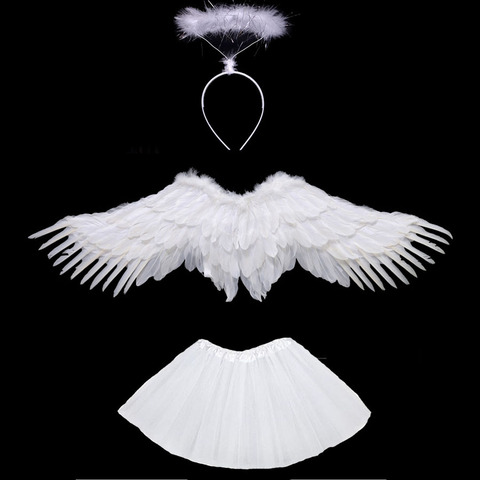 Falda de ala de Ángel y plumas para mujer, tutú de ala, anillo de Halo, regalo de cumpleaños, Carnaval, boda, disfraz, Halloween y Navidad, blanco y negro ► Foto 1/3