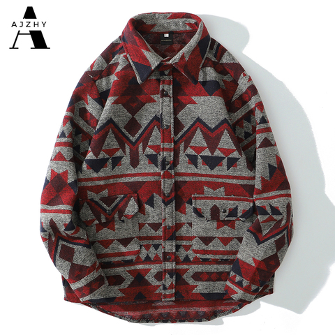 AJZHY de invierno de Cachemira cálido Camisa de franela hombres Casual de manga larga Vintage abotonada nacional Retro geométrico ropa ► Foto 1/6
