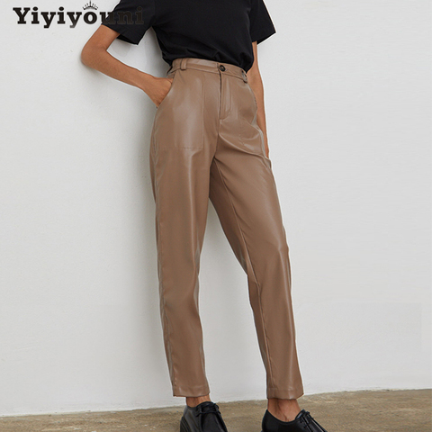 Yiyiyouni-pantalones de piel sintética para mujer, pantalón informal, recto, con bolsillos, de cintura alta, para Otoño e Invierno ► Foto 1/6