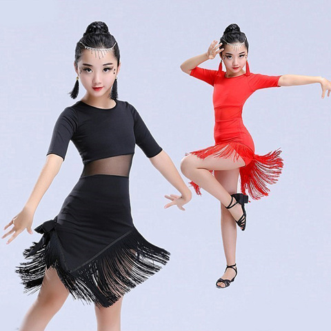 Vestido de baile latino para niños y niñas, ropa de baile latino con flecos, traje de Salsa negro y rojo, vestidos de Tango de salón a la venta ► Foto 1/6