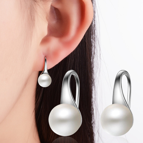 Elegante de Plata de Ley 925 grande claro pendientes de perlas de agua dulce perla blanca redonda pendientes joyería clásica pendientes para las mujeres ► Foto 1/6