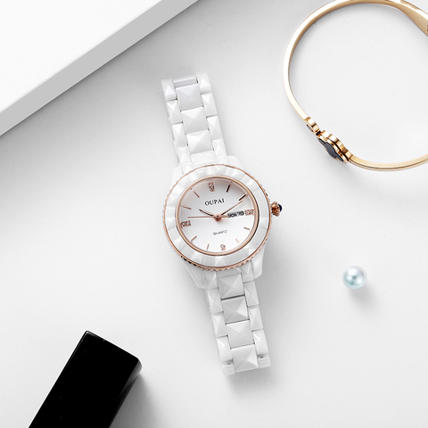 OUPAI-Reloj de cerámica blanco para mujer, accesorio de lujo, sencillo, a la moda, resistente al agua, con corte de diamante, doble Calendario, 2022 ► Foto 1/6