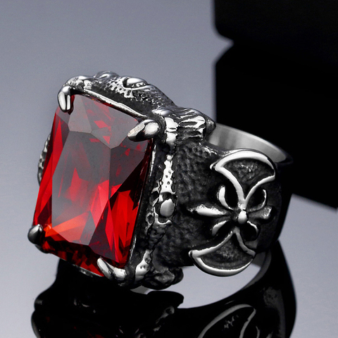 Anillo clásico de Dragon Claw para hombre, piedra grande de circón azul/negro/verde/rojo, acero inoxidable, nórdico, con hacha, anillos de vikingos, joyería para motero Punk ► Foto 1/6