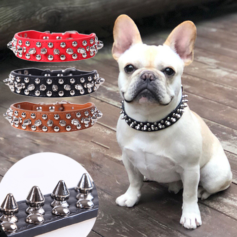 Collar de cuero ajustable para perro, suministros de correa para el cuello, remache Punk de cuero PU, Collar de perro con pinchos para mascota, collares para perro pequeño gato ► Foto 1/6