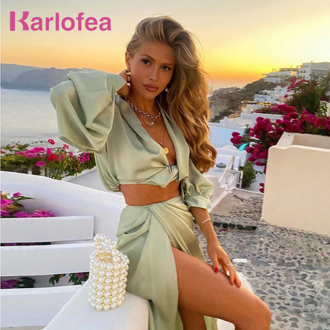 Karlofea-conjunto de 2 piezas para mujer, ropa Sexy para vacaciones en la playa, blusa recortada, camisas, falda larga de pierna dividida, traje a juego ► Foto 1/6