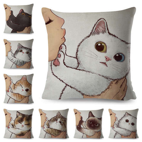 Divertido beso de amor lindo gato Fundas de almohadas para sofá casa coche cojín almohada decoración dibujo en lino funda de almohada 45x45cm ► Foto 1/6