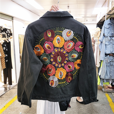 Vintage gran tamaño con muchas flores bordado Denim Mujer chaqueta de vaquero solapa manga larga abrigo Casual de mezclilla Streetwear prendas de vestir ► Foto 1/6