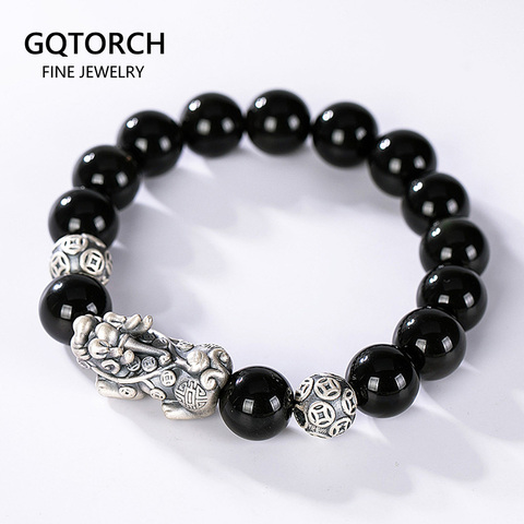 Brazaletes de piedra negra obsidiana, accesorios de mano para hombres con plata de ley auténtica Pixiu Feng Shui, cristales, joyería brazalete Heren ► Foto 1/5