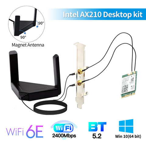 Adaptador WiFi 6E AX210 de doble banda, 3000Mbps, Bluetooth 5,2, 2,4G/5Ghz, 802.11AX, NGFF M.2, 6 tarjetas, 6dbi, Kit de escritorio para Windows 10 ► Foto 1/6