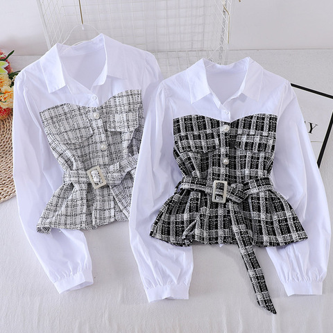 Camisa holgada Coreana de manga larga para mujer, blusa de dos piezas con costura falsa, cuello vuelto, nuevo a cuadros, GX1145 ► Foto 1/6