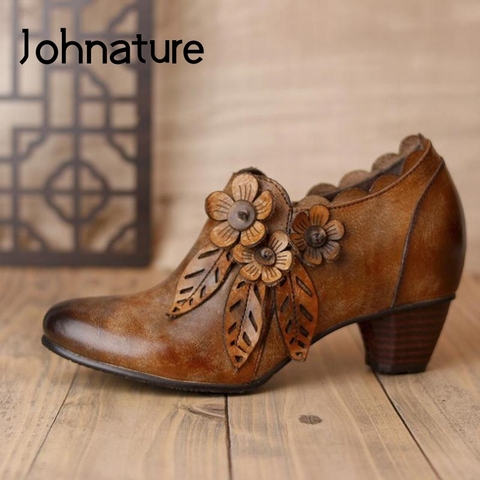 Johnature-zapatos de tacón alto de piel auténtica para mujer, calzado Retro informal con cremallera y punta redonda, hecho a mano, con flores, para otoño, 2022 ► Foto 1/6