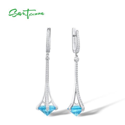 SANTUZZA-pendientes colgantes de plata fina para mujer, piedra azul redonda, Circonia cúbica blanca, pendientes elegantes para mujer, joyería fina para boda 925 ► Foto 1/6