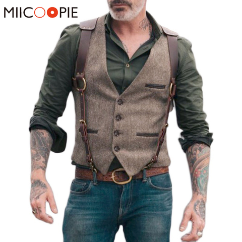 Almazuela-Chaleco Retro de imitación de cuero para hombre, chaqueta de un solo pecho informal, trajes de negocios, traje entallado para hombre ► Foto 1/6