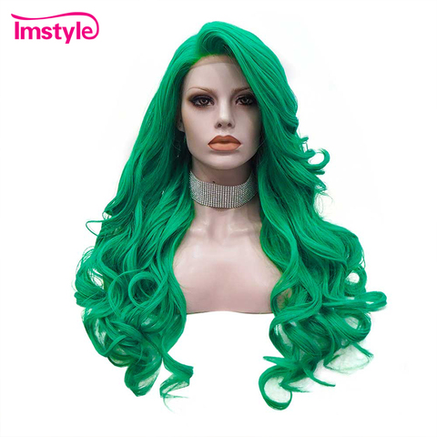 Imstyle peluca verde largo ondulado Peluca de encaje sintético peluca con malla frontal fibra resistente al calor Cosplay pelucas para mujeres ► Foto 1/6