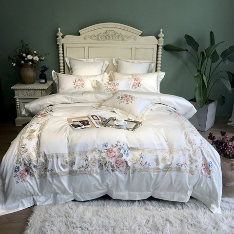 800TC-Juego de cama de algodón egipcio, ropa de cama de lujo con bordado blanco, tamaño Queen y King, funda de edredón, juego de sábanas, ropa de cama ► Foto 1/5