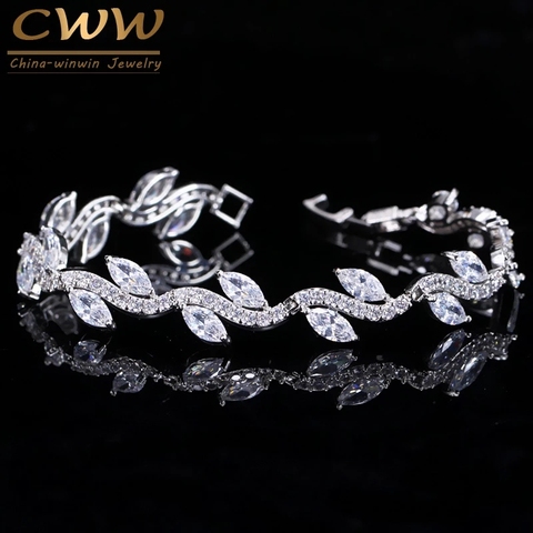 CWWZircons de alta calidad Color oro blanco mujeres Zirconia cúbica en forma de hoja de moda nupcial boda joyería de la joyería de pulseras de CB099 ► Foto 1/6