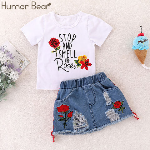 Humor Bear-Conjunto de ropa para niños, traje de verano con bordado de letras, Manga corta + falda, 2 uds. ► Foto 1/6