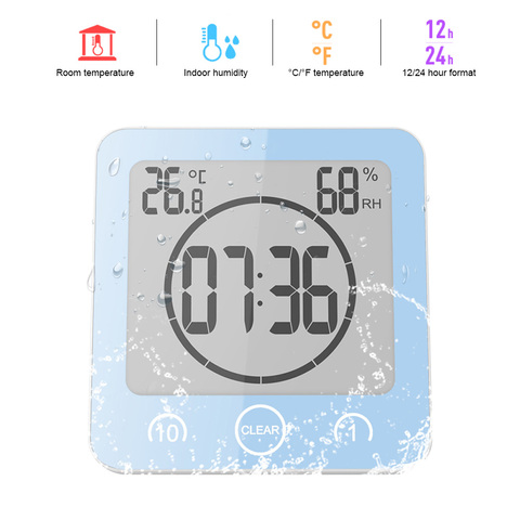 Reloj de pared para baño, cronómetro Digital LCD resistente al agua con salpicaduras de agua, relojes para ducha, temporizador de temperatura, humedad, cocina, baño ► Foto 1/6