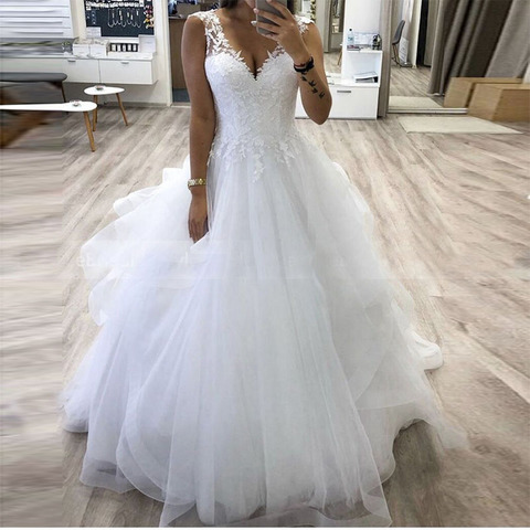 ZJ9210-vestido de fiesta de princesa con cuello en V, vestido de boda con falda de tul escalonado, personalizado, blanco, para novia, para invierno ► Foto 1/6