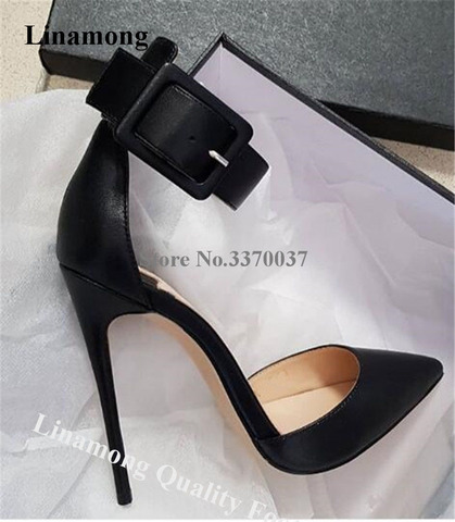 Linamong elegante de moda Punta de zapatos de tacón de aguja de tobillo Correa hebilla rojo Oro Negro zapatos de tacón alto Zapatos de vestir formales ► Foto 1/6