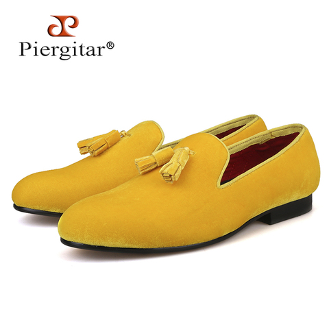 Piergitar-zapatos clásicos de terciopelo para hombre, mocasines con borla de terciopelo combinado para fiesta, boda, estilo británico, para fumar ► Foto 1/6