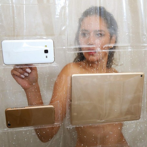 Cortina de ducha multifuncional, soporte para tableta o teléfono, cortina de ducha transparente con bolsillo para dispositivos de pantalla táctil para ducha de baño ► Foto 1/6