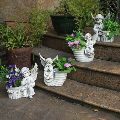 Maceta de Ángel de estilo europeo para patio, decoración creativa para jardín, balcón, tarro de flores, escultura artesanal de resina ► Foto 1/5