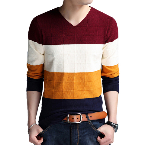 BROWON-suéter ajustado de manga larga para hombre, jersey con cuello en V, a rayas, talla grande M-4XL ► Foto 1/6