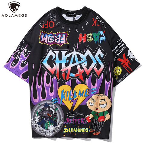 Aolamegs, camiseta para hombre con estampado de dibujos animados de grafiti, camiseta de manga corta para hombre, camisetas de moda de calle alta, ropa de calle de verano ► Foto 1/6