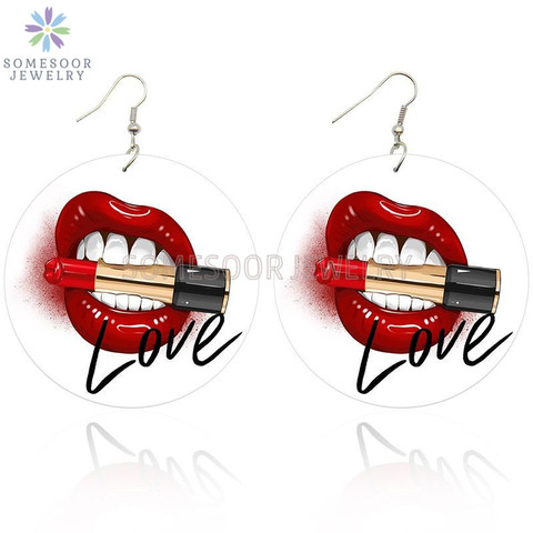 SOMESOOR-pendientes de gota de madera pintados con My pintalabios para mujer, aretes con estampado de dos lados, joyería colgante de madera VIntage para mujer ► Foto 1/6