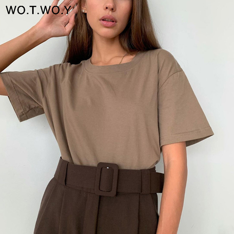 WOTWOY verano básico suelto, camisa de las mujeres de punto de algodón de camiseta de las mujeres de cuello Casual coreano Tops Harajuku 2022 nuevo ► Foto 1/6