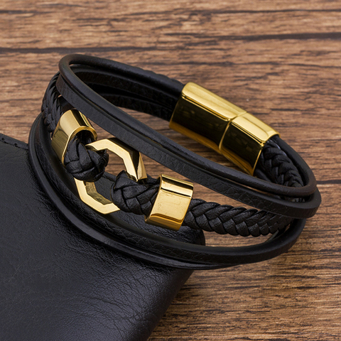 Tendy moda de lujo cuerda trenzada Acero inoxidable hombres pulsera cuero negro oro Cierre magnético pulseras regalo joyería para padre ► Foto 1/4