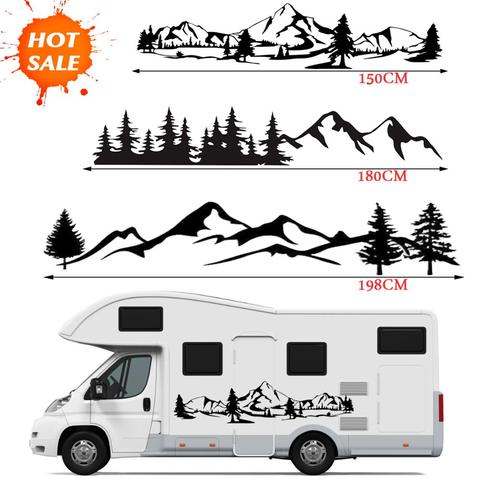 Pegatina de escena de árboles y montaña para autocaravanas, vinilo autoadhesivo con imagen de bosque, conjunto gráfico para decoración de camper, remolque y coche, 150 cm, gran oferta ► Foto 1/6