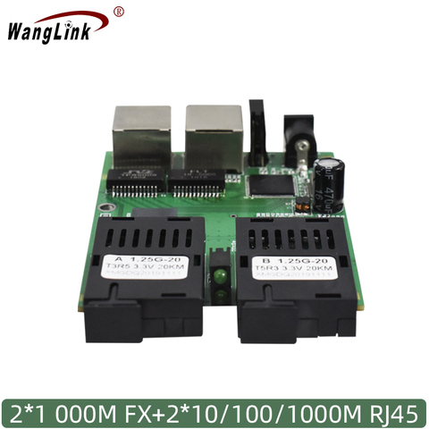 10/100/1000M Gigabit Ethernet óptico convertidor de medios de modo único 2 RJ45 UTP y 2 puerto de fibra óptica SC placa PCB ► Foto 1/6
