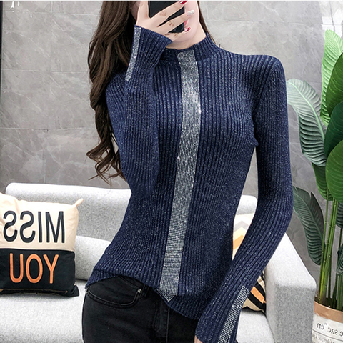 LJSXLS Seda brillante la mitad de punto cuello alto suéter mujeres espesar otoño coreano jersey de diamantes Jersey invierno cálido Tops ► Foto 1/6