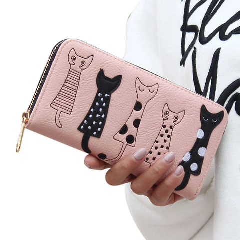 Cartera de lujo de alta calidad con dibujos de gato para mujer, cartera creativa, titular de la tarjeta femenina, informal, con cremallera, monedero de cuero PU ► Foto 1/6