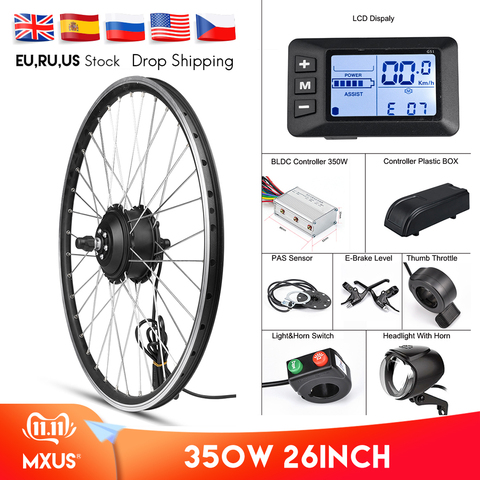 MXUS-Kit de conversión de bicicleta eléctrica, Motor de rueda delantera de 350W, Kit E de bicicleta, Motor de cubo trasero de 48V y 36V, controlador BLDC de bicicleta de 26 