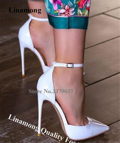 Linamong-zapatos de tacón de aguja de punta puntiaguda, tacones altos con correa de tobillo formales de charol, color blanco y negro, Estilo clásico ► Foto 1/6