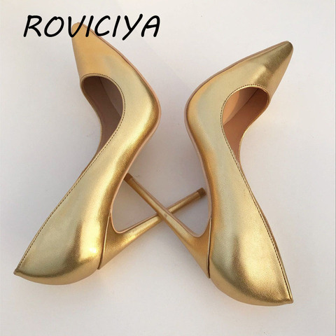 ROVICIYA-zapatos de tacón con punta estrecha para mujer, tacones de aguja clásicos de 12cm, color dorado, para baile de graduación, YG018 ► Foto 1/6