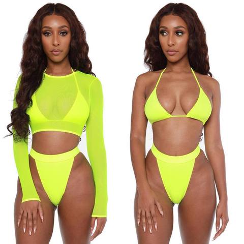 Bañador de color amarillo recortado con Top de neón del 2022, ropa de playa Sexy de verano para mujer, ropa de baño de manga larga con capa de malla, conjunto de Bikini de tres piezas con Ups ► Foto 1/6