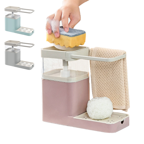 Dispensador de jabón 3 en 1, soporte de esponja para el baño, caja de jabón con prensa Manual, combinación de limpieza multifuncional ► Foto 1/6