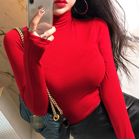 ¡Novedad de primavera! Camiseta ajustada sexi de cuello alto en rojo sólido negro para mujer, camiseta informal de manga larga para mujer, camiseta para chica ► Foto 1/6