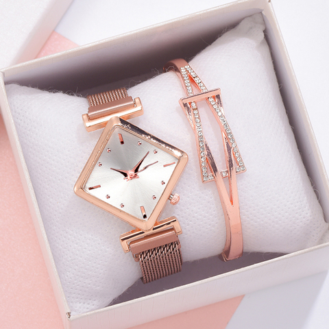 Conjunto de 2 relojes de pulsera para mujer, esfera cuadrada, oro rosa, imán, reloj de pulsera, reloj de lujo ► Foto 1/6