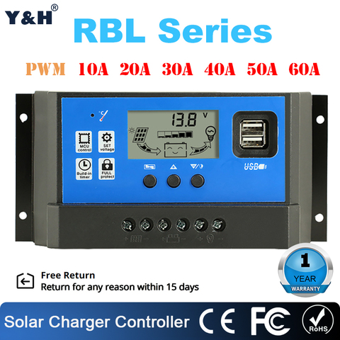 60A 50A 40A 30A 20A 10A controlador de carga Solar PWM 12V 24V regulador del Panel Solar PV cargador de batería de Casa LCD Dual USB 5V de salida ► Foto 1/5