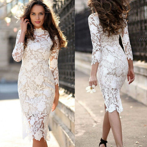 2022 diseñador de moda blanco vestido de fiesta de encaje de mujeres Sexy manga larga de encaje hueco ganchillo Delgado Bodycon vestido ► Foto 1/6