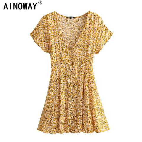 Chic Vintage mujeres hippie amarillo floral imprimir profundo fajas con cuello en V Bohemia mini vestido damas de Boho manga corta vestidos ► Foto 1/6