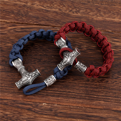 MKENDN-pulsera de supervivencia de cuentas de runas vikingas, martillo Mjolnir de Thor Vintage, cordón de Metal hecho a mano, pulseras de cuerda de Paracord tejida ► Foto 1/6