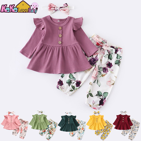 Conjunto de ropa para niña recién nacida, Tops de manga larga de punto sólido, pantalones de estampado Floral, diadema, trajes de 3 uds, ropa infantil informal ► Foto 1/6