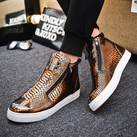 Tamaño 39-45 oro diseño de piel de serpiente de alta arriba zapatillas de deporte de los hombres zapatillas de deporte planas de cremallera de ropa informal estilo Hip Hop zapatos de los hombres zapatos de diseñador ► Foto 1/6