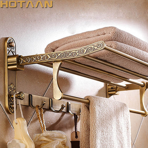 Toallero de baño de latón antiguo plegable de aluminio, soporte activo para Toalla de baño, repisa doble para toalla con ganchos, accesorios de baño ► Foto 1/6